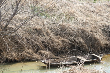 田舎の川　冬　枯草　舟　栃木
