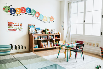 Classroom of kindergarten interior design - obrazy, fototapety, plakaty