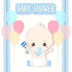 Baby shower card, baby boy and toy. Greeting card paper art style