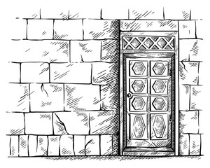 sketch hand drawn old rectangular wooden door in brick wall vector