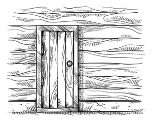 sketch hand drawn old rectangular wooden door in wall wooden frame vector