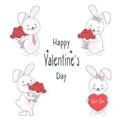 Cute rabbit and rose bouquet, Valentines Day greeting card