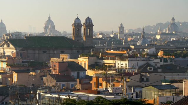 Rome, Italy. Panorama of the city during sunrise. Wonderful and sweet morning. Panning shot, 4K