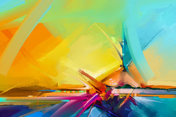 Abstraktes buntes Öl, Acrylpinselstrich auf Segeltuchbeschaffenheit. Halb abstraktes Bild des Hintergrunds der Landschaftsmalerei. Moderne zeitgenössische Wandkunstgemälde in Öl. Artwork bunt für den Hintergrund © nongkran_ch