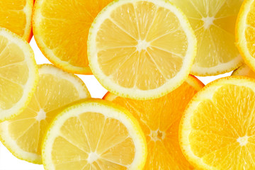 citrus slice, oranges and lemons on white background. Fruits backdrop
