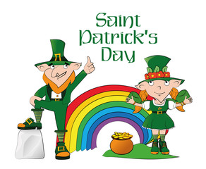 Leprechaun girl and leprechaun man with a pot of gold coins near the rainbow. Happy Saint Patricks Day celebration. Vector illustration.