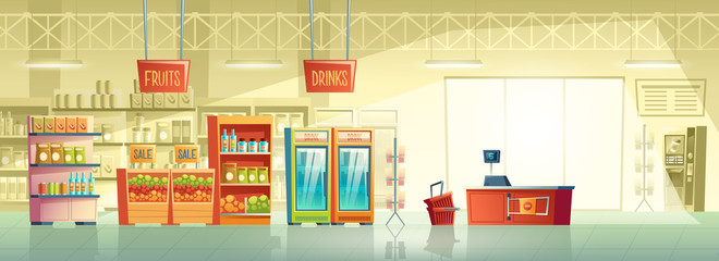 Vector background of empty supermarket at morning, lines with merchandise. Place for retail, mall interior with fridges, stands and shelves. Grocery store, shop with signboard and pointer inside.