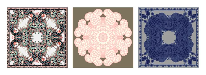 Abwaschbare Fototapete Set aus traditionellem Kalamkari-Ornamentik-Blumen-Paisley-Design © Kara-Kotsya
