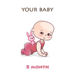 Monthly infant development. Stages of child development in the first year of life. Eight month old baby crawls on all fours. Colorful vector Illustration isolated on white background