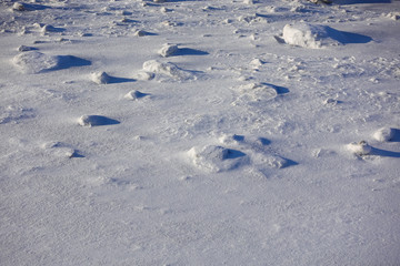 Field covered with snowballs. Lifeless landscape. Winter field on a sunny day. Winter background