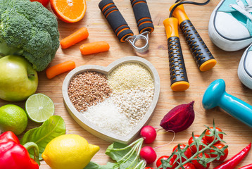 Healthy lifestyle concept with vegetarian food heart diet  fitness and medicine