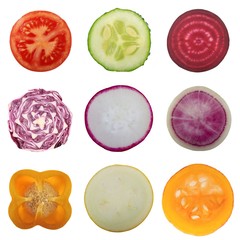 set of slices of vegetables isolated on white background