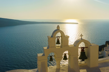 Beautiful White architecture Church on Santorini island, Greece.
