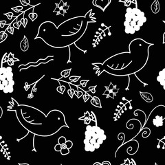 Seamless vector pattern, white leaf and bird pattern on black background.