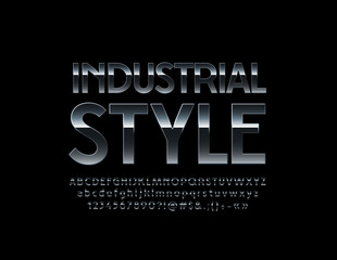 Vector metallic Industrial style Alphabet Letters, Numbers and Symbols. Silver glossy Font.