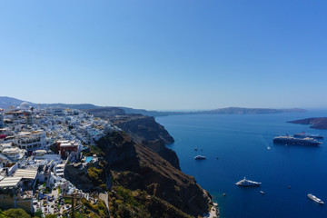 Naklejka premium Amazing Panoramic view to bay of Sanorini island, Thira, Cyclades, Greece