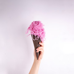 Contemporary art concept. Yarn ball Ice cream. Funny Fast food minimal project