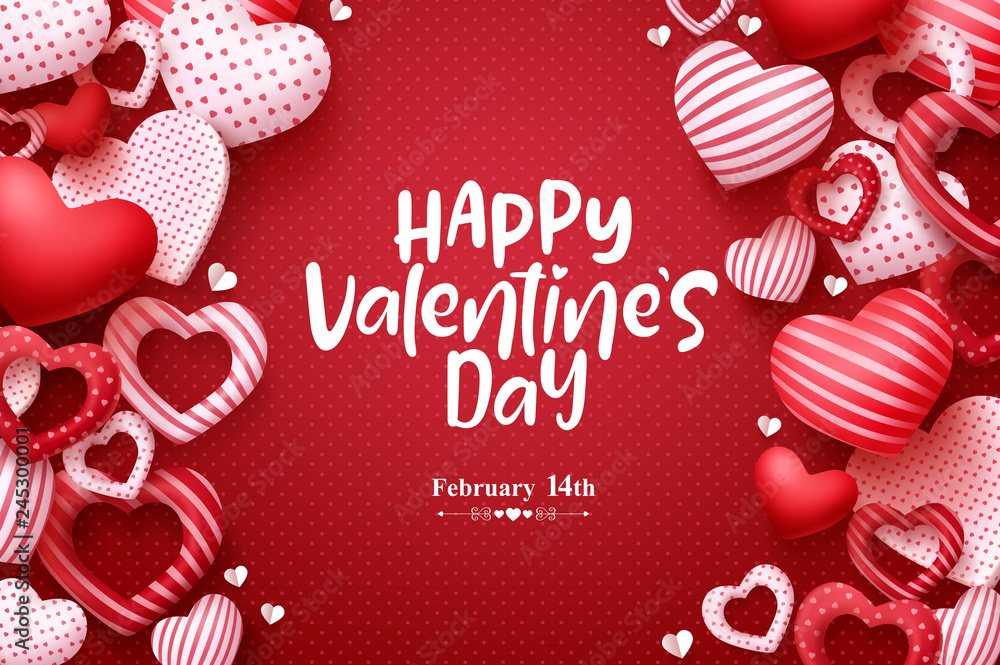 Poster valentines day vector greeting card. happy valentines day text with hearts elements in red pattern b