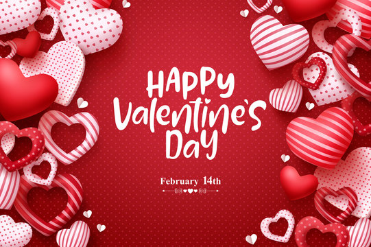 Valentines day vector greeting card. Happy valentines day text with hearts elements in red pattern background. Vector illustration.