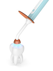 3d render of dental polymerization lamp and tooth with inlay