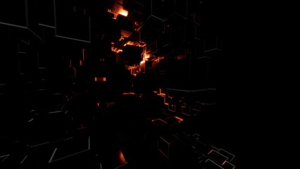 Abstract dark cubes and bright red flashes