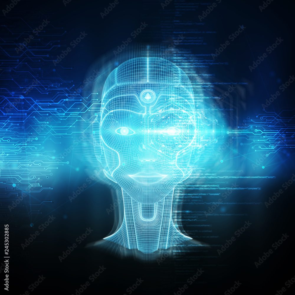 Poster intelligent machine with a robotic cyborg head concept 3d rendering