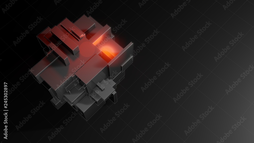 Poster abstract 3d object consisting of cubes. red glow inside the object