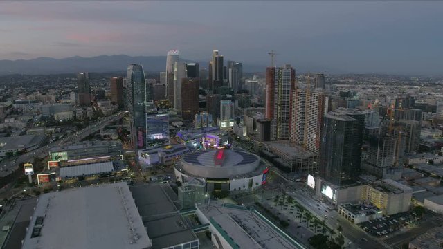 Aerial view LA Live South Park at sunset