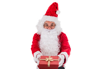 Closed up of Hand's Santa Claus carrying Gift Box to delivery christmas gifts isolated on white background . Christmas and happy new year festival concept .