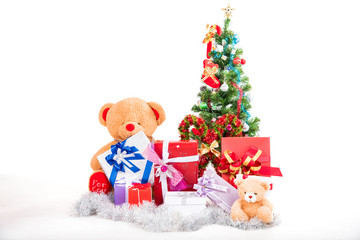 Christmas ornament for decorate with bokeh .Cute santa claus dolls and Christmas decorate on christmas snow field background with copy space.Merry Christmas and happy new year concept