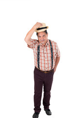 Portrait of senior elderly asian smile man standing with vintage brown hat isolated on white background