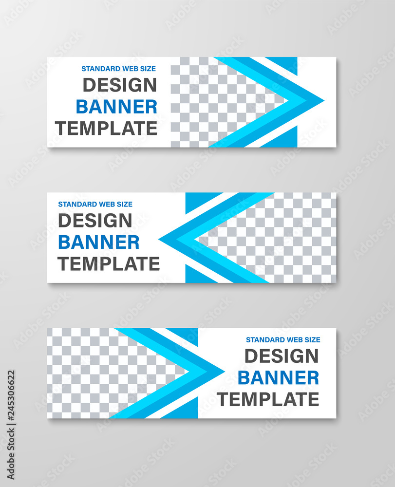 Poster design of horizontal white web banners with place for photo and blue triangles.