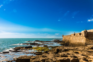 Fototapeta na wymiar Moss covered rocks off the coastline of Castillo de San Sebastian in Cadiz
