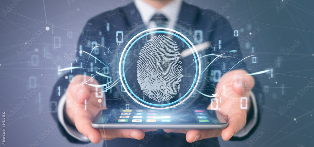 Poster businessman holding a digital fingerprint identification and binary code 3d rendering