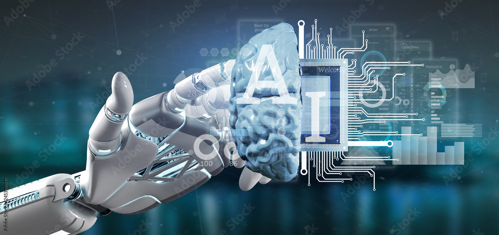 Poster cyborg hand holding artificial intelligence icon with half brain and half circuit 3d rendering