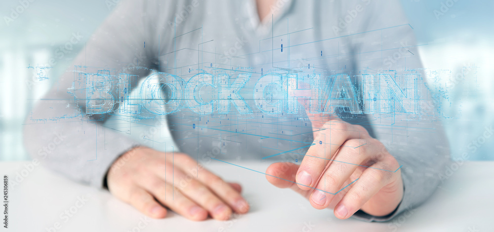 Poster man holding a blockchain title isolated on a background