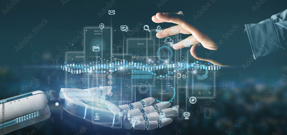 Poster cyborg hand holding user interface screens with icon, stats and data 3d rendering