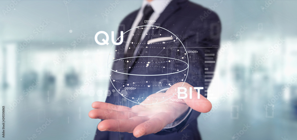 Poster businessman holding quantum computing concept with qubit icon 3d rendering