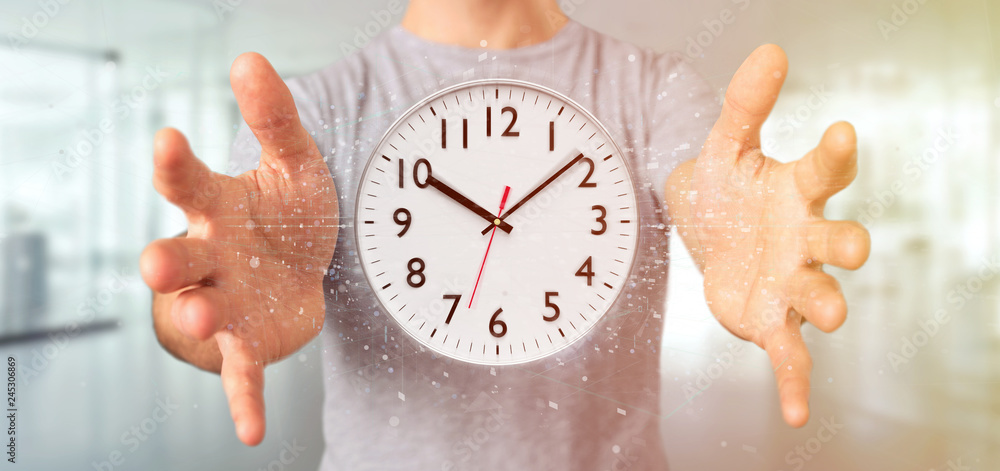 Poster man holding a clock timer 3d rendering