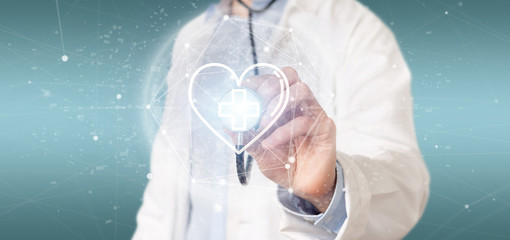 Doctor holding a medical cross in a heart 3d rendering