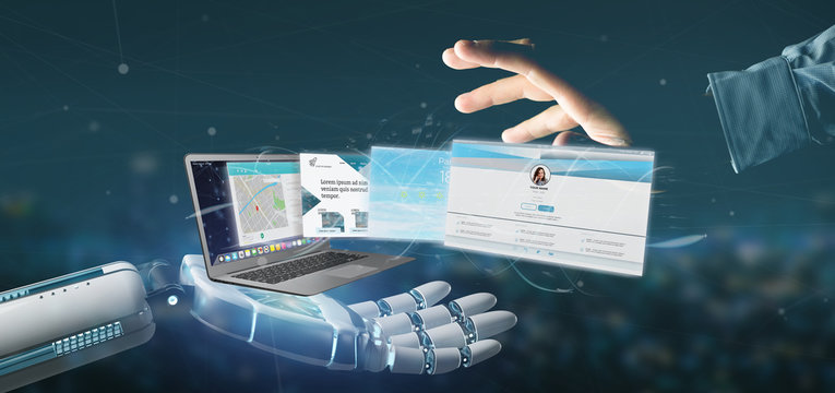 Cyborg hand holding a Website application going out a laptop screen 3d rendering