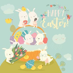 Fototapeta na wymiar Cute Easter bunnies and easter egg. Happy holidays