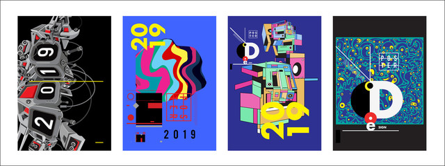 2019 New Poster Design Template. Trendy Vector Typography and Colorful Illustration Collage for Cover and Page Layout Design Template in eps10