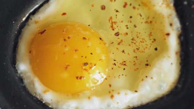 Cooking a fried egg from one egg in a mini pan. Extreme close-up video