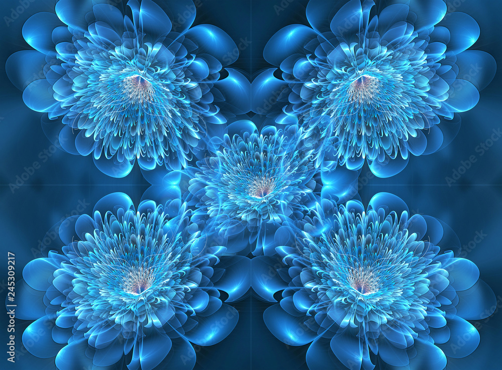 Poster artistic 3d computer generated fractals of an exotic glowing cyan flowers pattern artwork