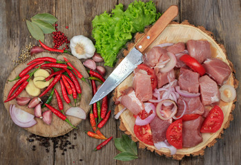 shashlik ingredients on wooden background