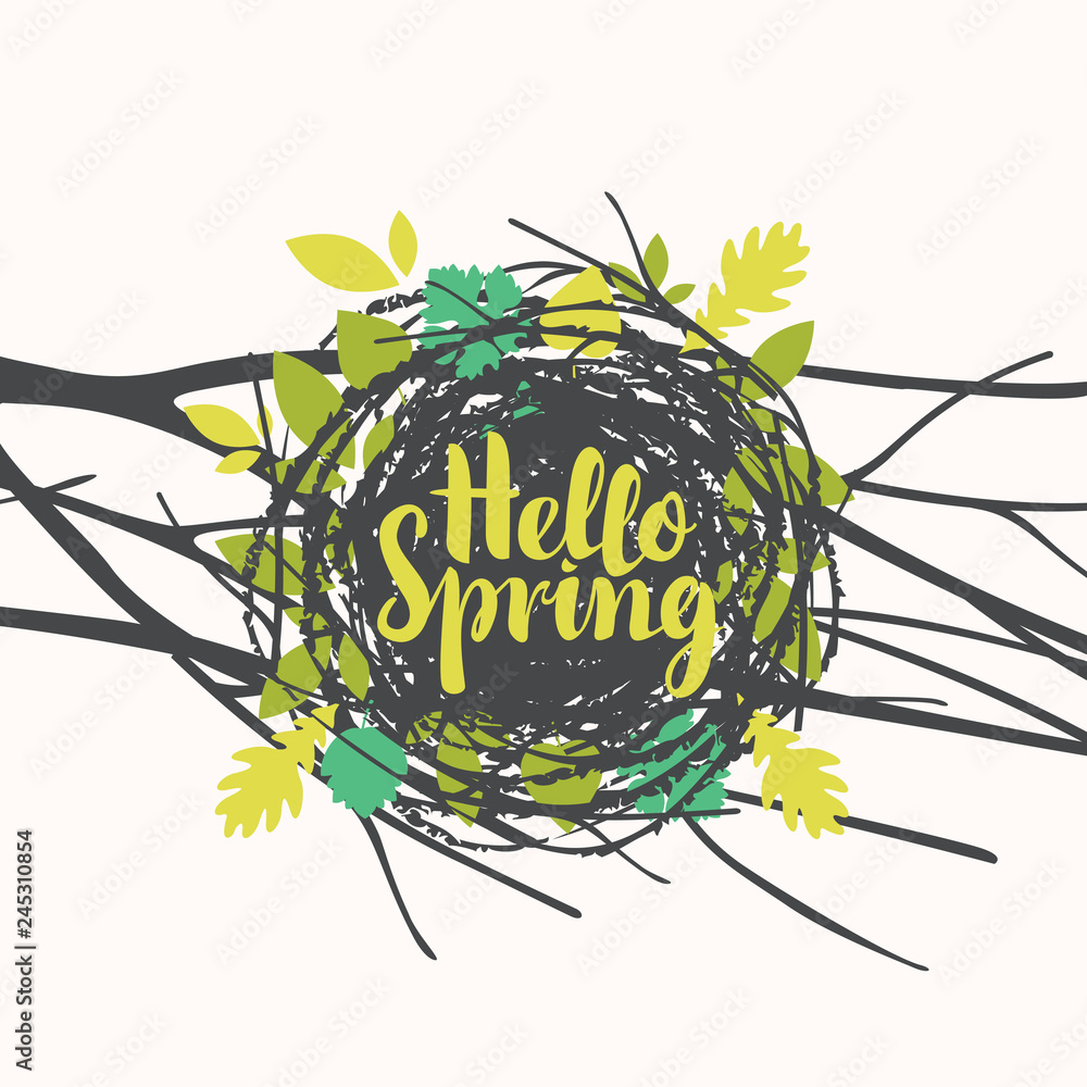 Poster vector banner with calligraphic inscription hello spring. birds nest of twigs and leaves on a tree b