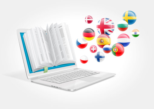 A laptop with a book for learning foreign languages. The e-learning system.