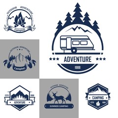 Vector isolated icons of mountain forest, camp tent and fire