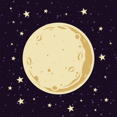 Full Moon and Stars in The Night Sky Vector Illustration in Cartoon Style
